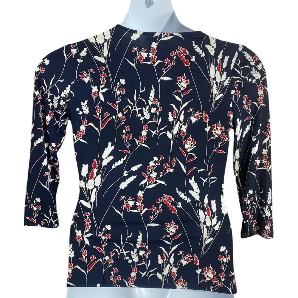 Charter Club navy blue floral wrap style 3/4 sleeve blouse - Medium Petite - Picture 5 of 8